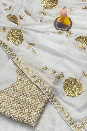 white Georgette sequin Golden zari embroidered saree