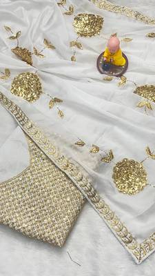 white Georgette sequin Golden zari embroidered saree 1