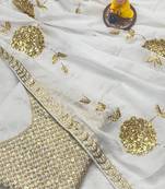 white Georgette sequin Golden zari embroidered saree