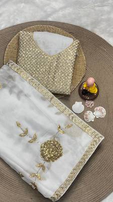 white Georgette sequin Golden zari embroidered saree 2