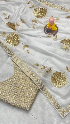 white Georgette sequin Golden zari embroidered saree 3