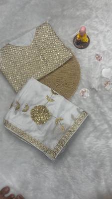 white Georgette sequin Golden zari embroidered saree 4
