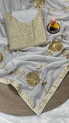 white Georgette sequin Golden zari embroidered saree 5