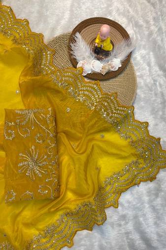 yellow Gold crush embroidered multi thread work saree