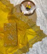 yellow Gold crush embroidered multi thread work saree