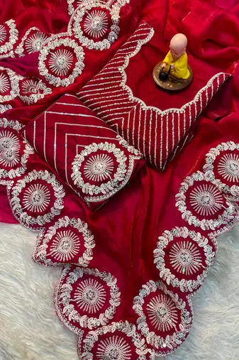 red thread and sequins embroidered saree