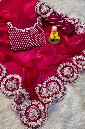 pink thread and sequins embroidered saree
