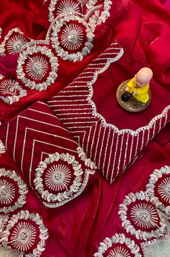 pink thread and sequins embroidered saree