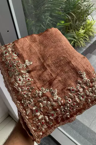  brown Chiffon Thread sequin work saree with blouse