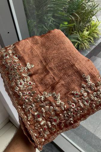  brown Chiffon Thread sequin work saree with blouse