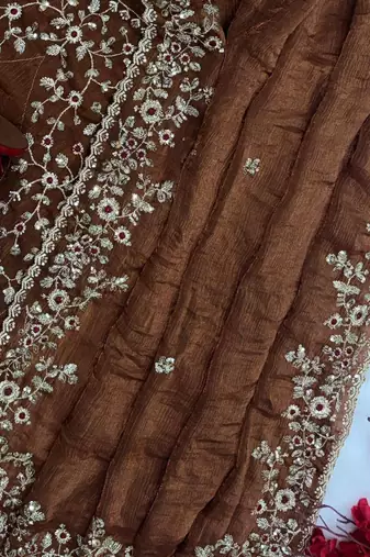  brown Chiffon Thread sequin work saree with blouse