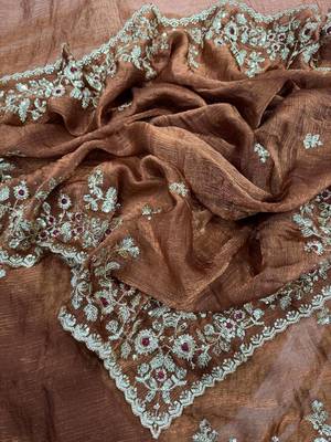  brown Chiffon Thread sequin work saree with blouse 5