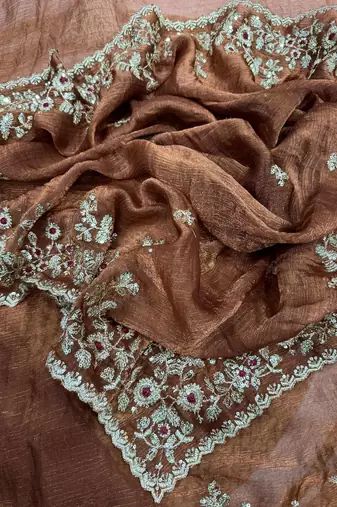  brown Chiffon Thread sequin work saree with blouse