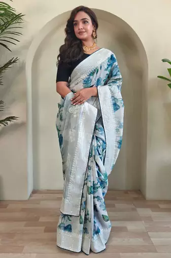 Blue Organza All Over Digital Print Saree