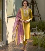 Women's Gorgeous Viscose Rayon Embroidery Straight Kurta with Pant And Dupatta Set