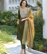 Women's Gorgeous Viscose Rayon Embroidery Straight Kurta with Pant And Dupatta Set