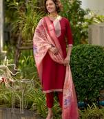 Women's Gorgeous Roman Embroidery Straight Kurta with Pant And Dupatta Set