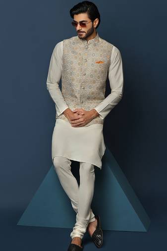 Grey jacquard kurta nehru jacket churidar set