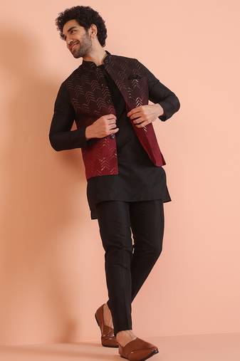 Maroon embellished mid kurta nehru jacket trouser set