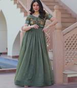 Green silver crunchy gown with embroidery work koti