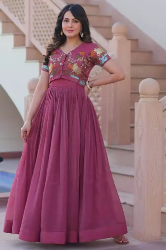 Onion silver crunchy gown with embroidery work koti