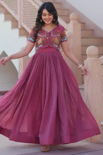 Onion silver crunchy gown with embroidery work koti