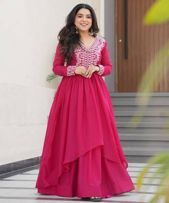 Pink star georgette with embroidery beads sequins double flared gown 1