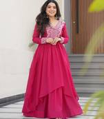 Pink star georgette with embroidery beads sequins double flared gown