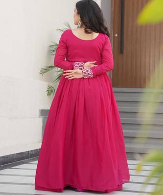 Pink star georgette with embroidery beads sequins double flared gown 2