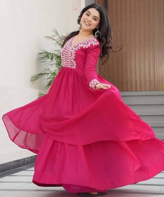 Pink star georgette with embroidery beads sequins double flared gown 4