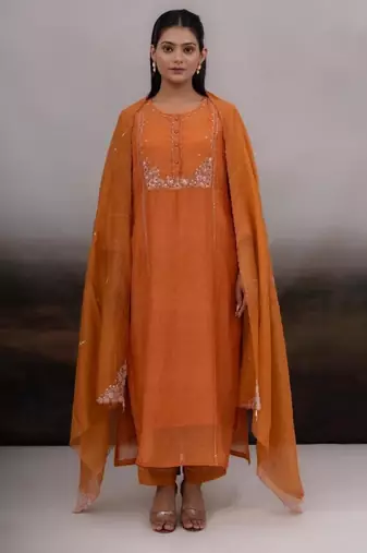 Rust orange beaded bageecha suit set
