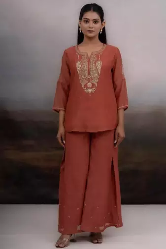 Rust madder top and palazzo with dupatta
