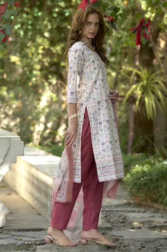  Cotton Chikankari work Straight Kurta with Pant And Dupatta Set