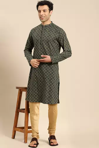 Green woven design kurta churidar set