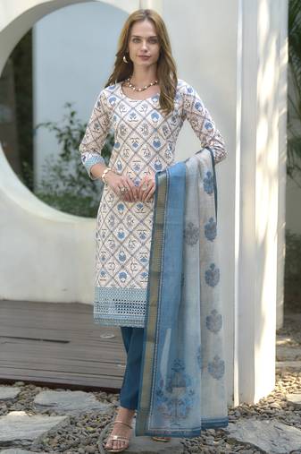 Women's Beautiful Cotton Chikankari work Straight Kurta with Pant And Dupatta Set