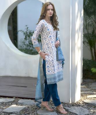  Cotton Chikankari work Straight Kurta with Pant And Dupatta Set 3