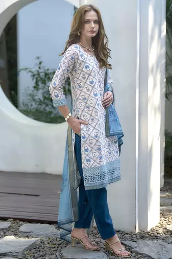  Cotton Chikankari work Straight Kurta with Pant And Dupatta Set