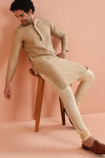 Beige woven design kurta churidar set