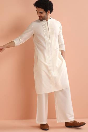 Off white pleated kurta wide leg pant set
