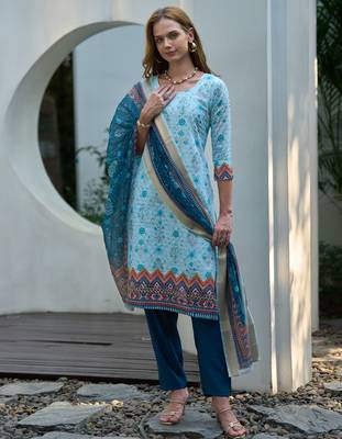  Cotton Chikankari work Straight Kurta with Pant And Dupatta Set 1