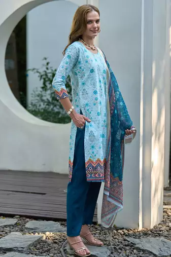  Cotton Chikankari work Straight Kurta with Pant And Dupatta Set