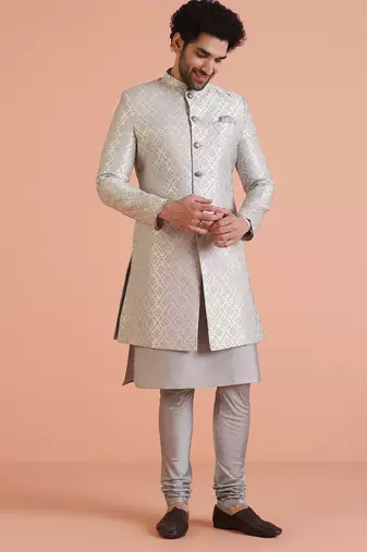 Grey jacquard kurta Indo Western churidar set