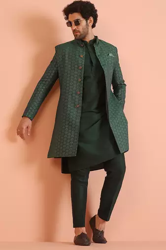 Green jacquard kurta Indo Western trouser set