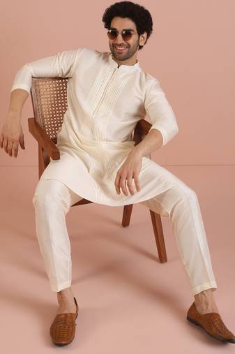 Off white pleated kurta trouser set