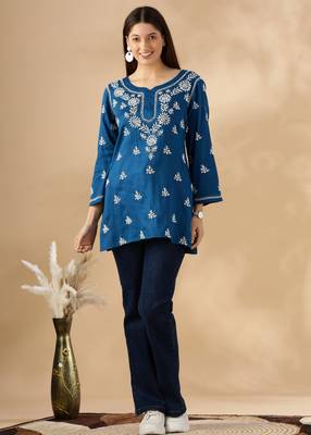 Chikankari embroidered thread work cotton straight short kurta 1