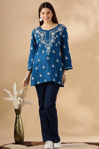 Chickenkari embroidered thread work cotton straight short kurta