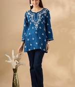 Chickenkari embroidered thread work cotton straight short kurta