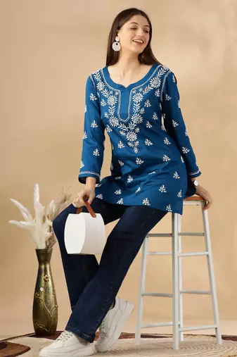 Chickenkari embroidered thread work cotton straight short kurta
