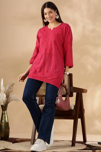 Chickenkari embroidered thread work cotton straight short kurta