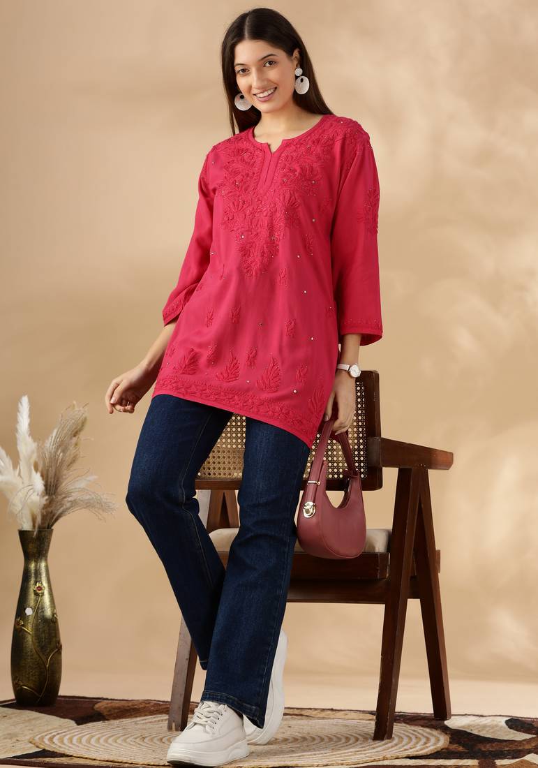 Chickenkari embroidered thread work cotton straight short kurta